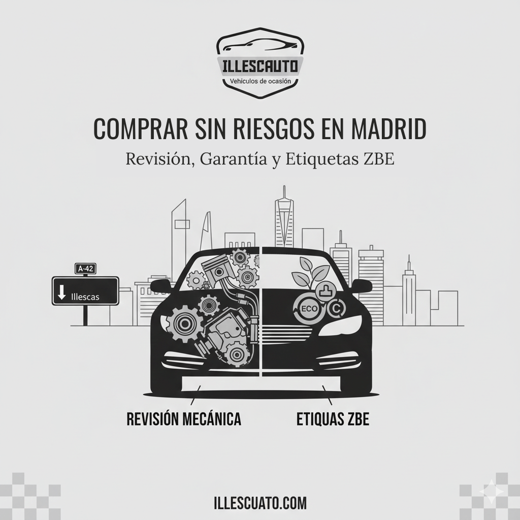 Ilustración artística en escala de grises de Illescauto sobre la compra de coches de segunda mano sin riesgos en Madrid, mostrando un vehículo revisado mecánicamente, la silueta de Madrid al fondo y mención a las etiquetas ECO y C para las Zonas de Bajas Emisiones (ZBE).