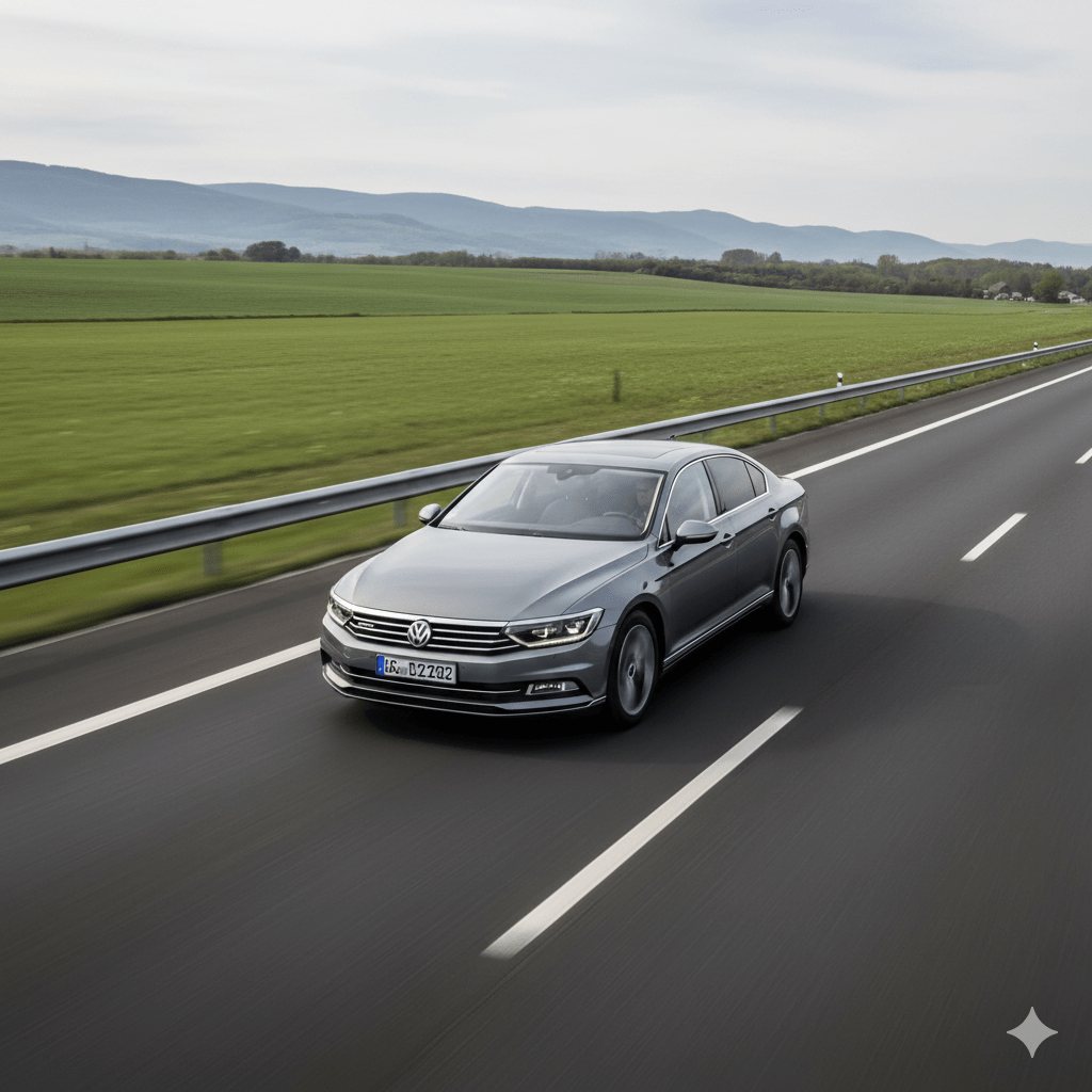 Volkswagen Passat en autovía tranquila. Imagen generada por IA.