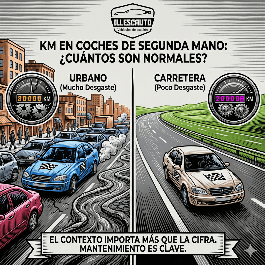 Kilómetros en coches de segunda mano. ¿Cuántos kilómetros son normales? Ilustración creada por IA.