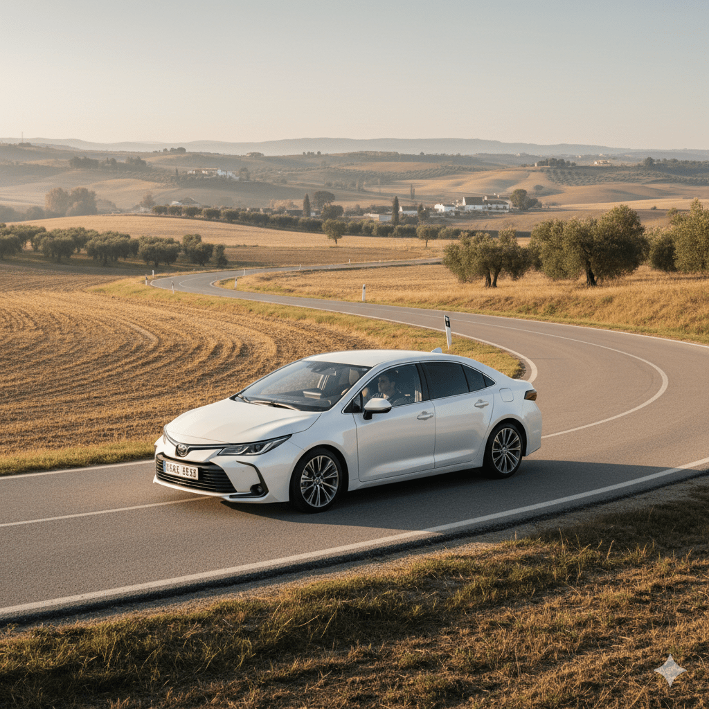 Toyota Corolla blanco en carretera nacional. Imagen generada por IA.