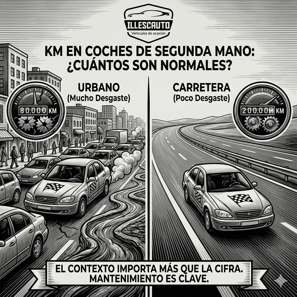 Kilómetros en coches de segunda mano. ¿Cuántos son normales? Ilustración hecha con IA.