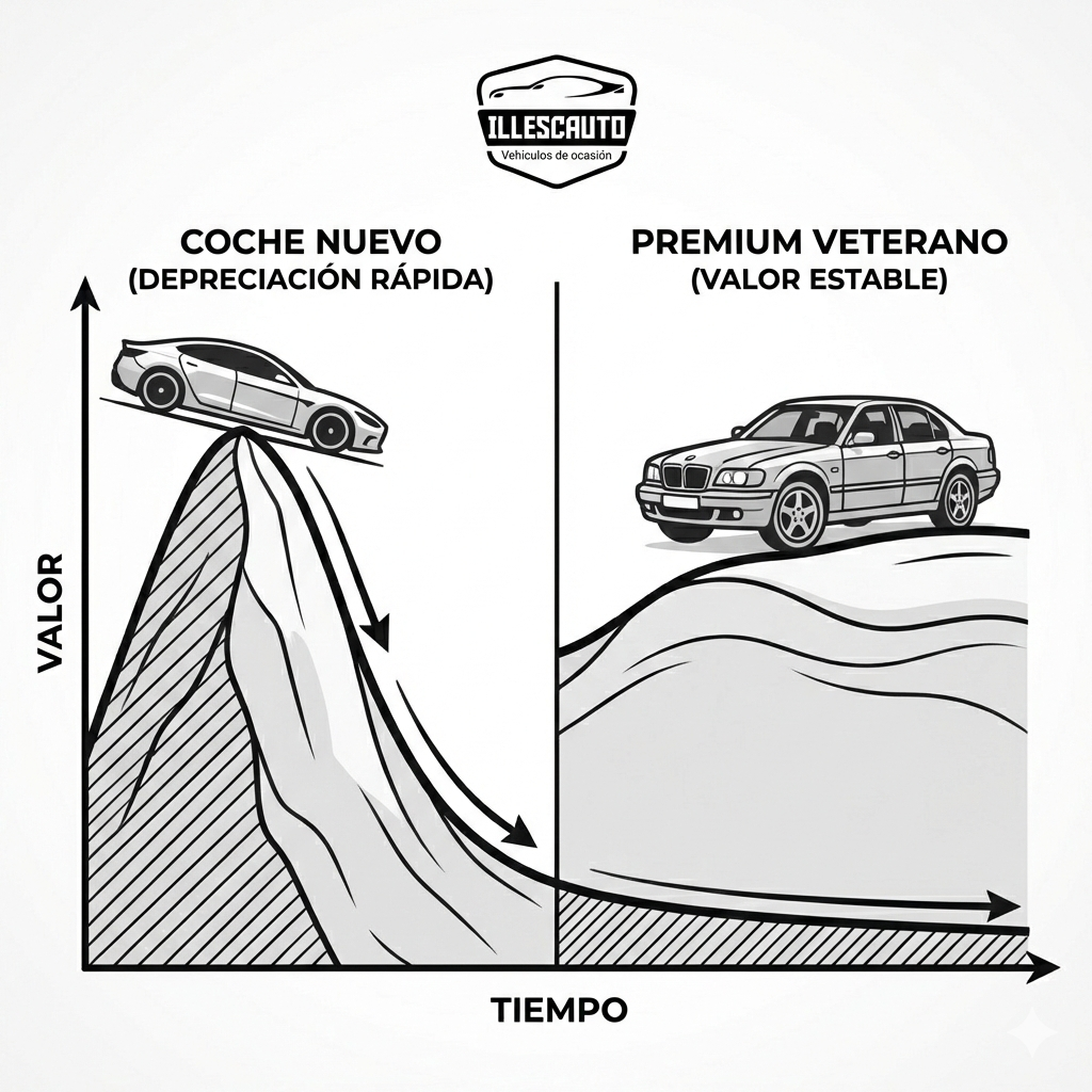 Infografía de Illescauto con un gráfico de valor frente a tiempo, comparando la caída en picado del precio de un coche nuevo frente a la estabilidad de valor de un coche premium veterano.