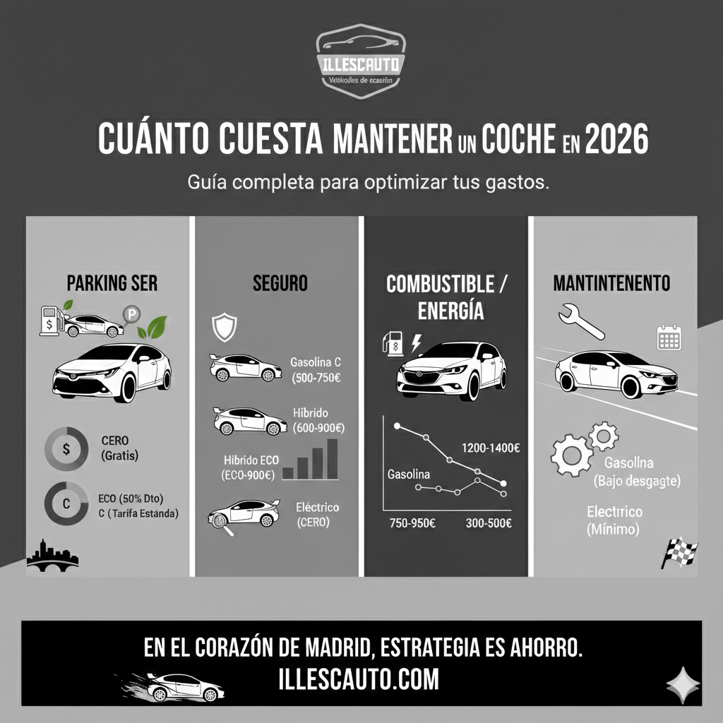 Infografía comparativa en escala de grises y negro de Illescauto sobre los costes de mantenimiento anual en Madrid para 2026, analizando gastos de parking SER, combustible y mecánica según las etiquetas C, ECO y Cero emisiones.