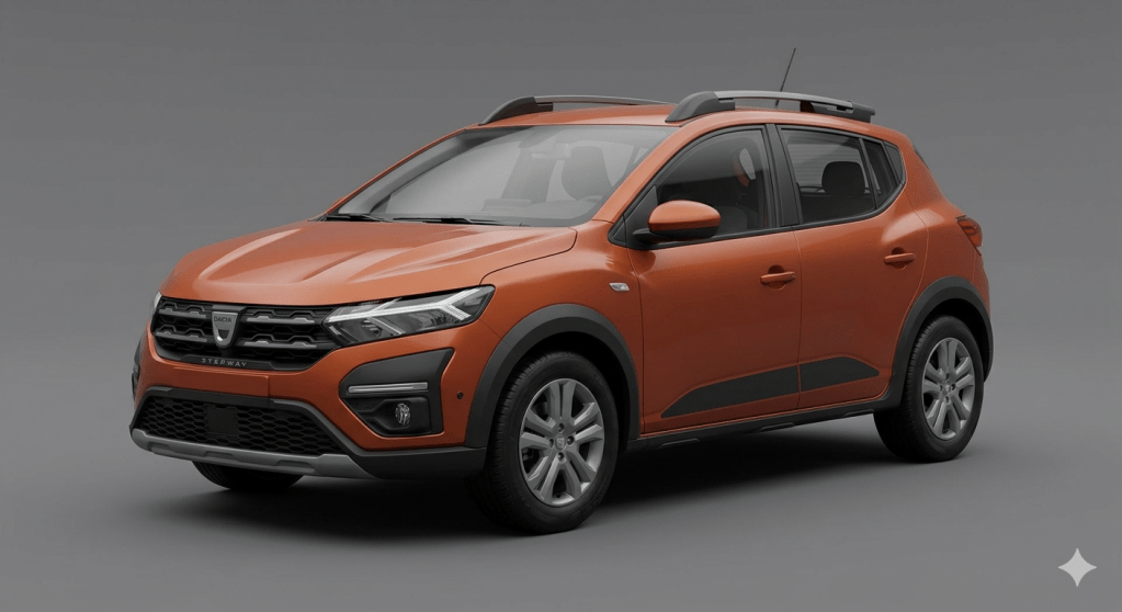 Vista de estudio hiperrealista de un Dacia Sandero Stepway naranja, un modelo utilitario económico y sencillo de mantener.