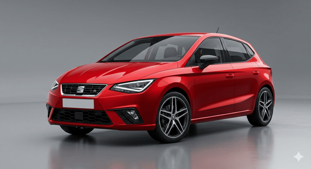 Fotografía de estudio de alta calidad de un Seat Ibiza rojo, un coche popular en España con recambios baratos y mecánicas eficientes.