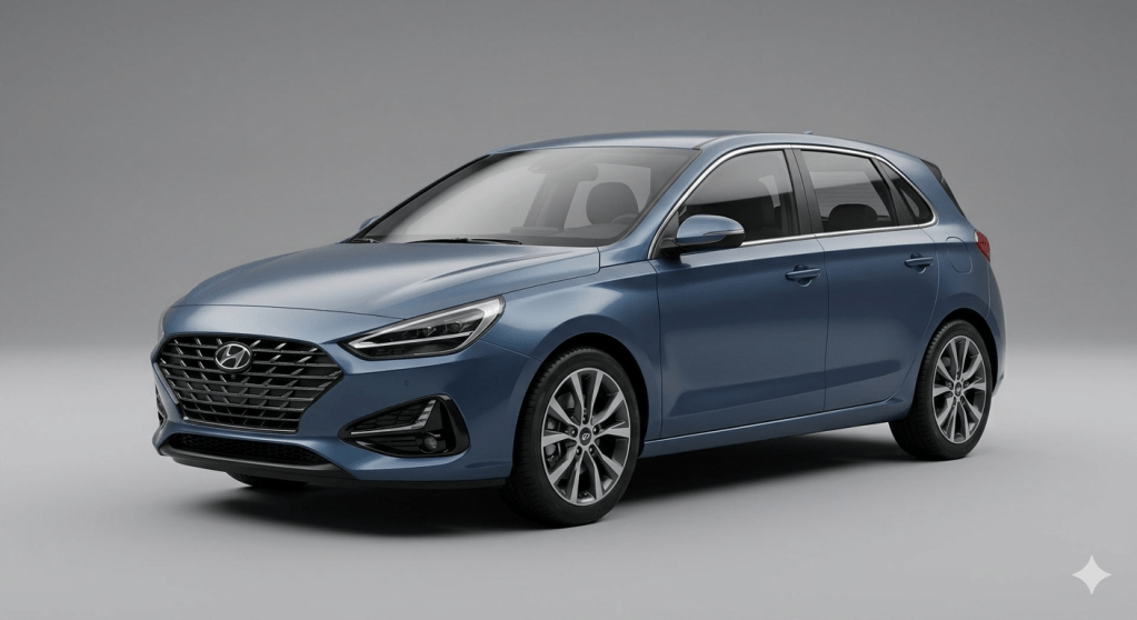 Imagen hiperrealista de estudio de un Hyundai i30 azul, valorado por su buena relación calidad-precio y fiabilidad mecánica.