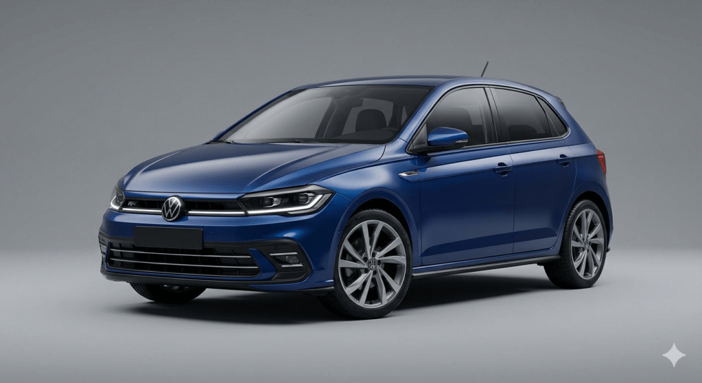 Imagen hiperrealista de estudio de un Volkswagen Polo azul, valorado por su buena relación calidad-precio y fiabilidad mecánica.