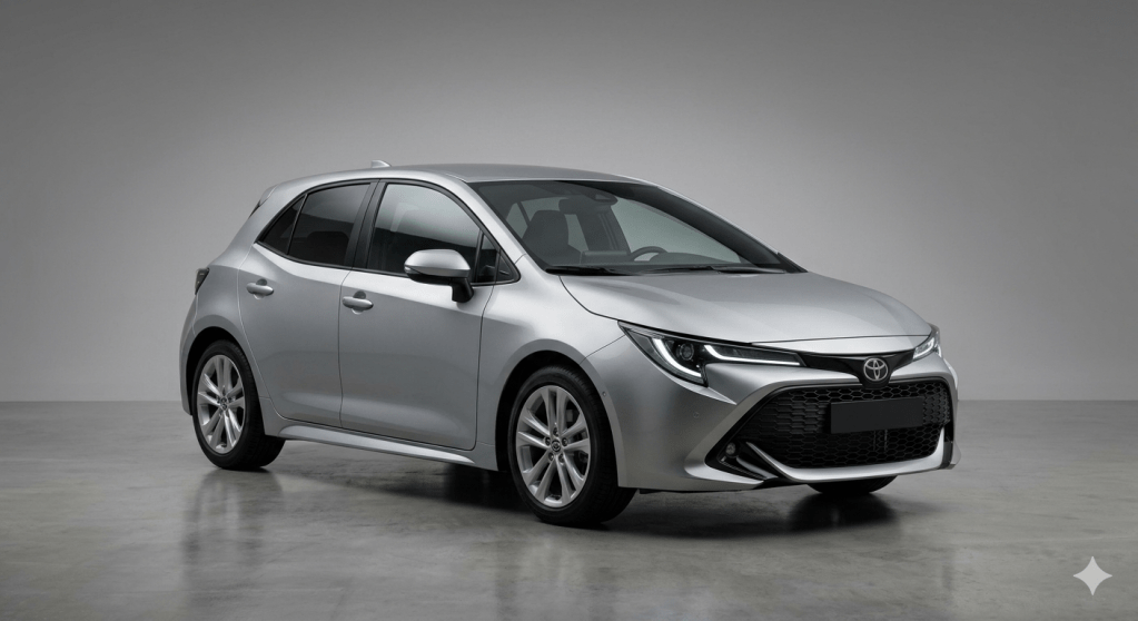 Fotografía de estudio hiperrealista de un Toyota Corolla plateado en un entorno gris neutro, destacando su fiabilidad y diseño moderno.