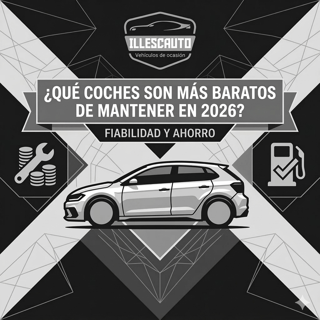 Imagen destacada de Illescauto sobre los coches usados más económicos de mantener en 2026, con diseño simétrico en escala de grises e iconos de ahorro y fiabilidad mecánica.