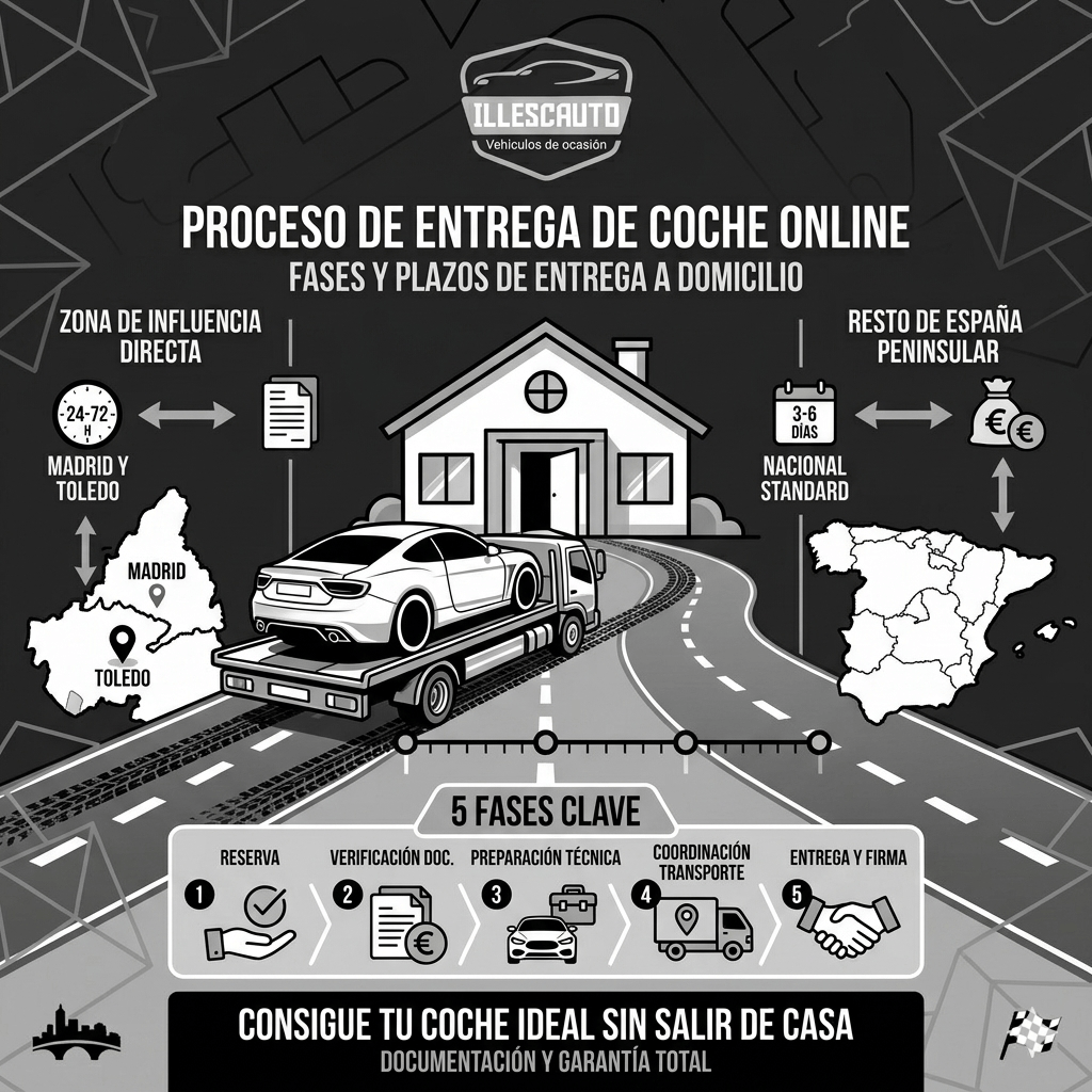 Infografía de Illescauto Vehículos de Ocasión sobre compra de coche online con entrega a domicilio. Muestra plazos de entrega en España: 24-72 horas para Madrid y Toledo, y 3-6 días para el resto de la Península. Un coche deportivo gris en un remolque de Illescauto se dirige a una casa, ilustrando las 5 fases clave del proceso.