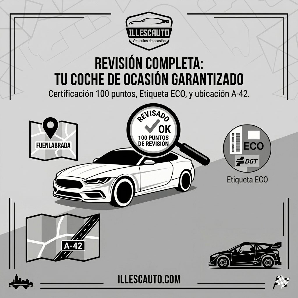 Infografía promocional de ILLESCAUTO Vehículos de Ocasión. El encabezado dice "REVISIÓN COMPLETA: TU COCHE DE OCASIÓN GARANTIZADO", con el subtítulo "Certificación 100 puntos, Etiqueta ECO, y ubicación A-42.". Muestra un elegante coche deportivo blanco inspeccionado por una gran lupa que revela el sello "REVISADO OK" y "100 PUNTOS DE REVISIÓN". A la izquierda, un mapa de Fuenlabrada. A la derecha, el distintivo de Etiqueta ECO de la DGT. En la parte inferior, un mapa de la autovía A-42, un coche de rally negro y una bandera de cuadros, junto a la web illescauto.com.