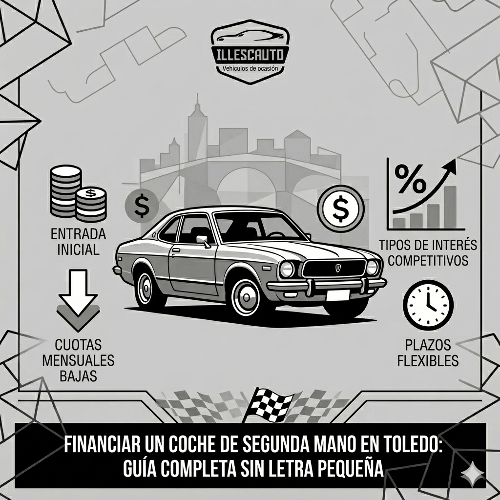 Guía de financiación de coches de segunda mano en Toledo de Illescauto: infografía sobre cuotas mensuales, tipos de interés y plazos flexibles para comprar vehículos de ocasión en Toledo sin letra pequeña.