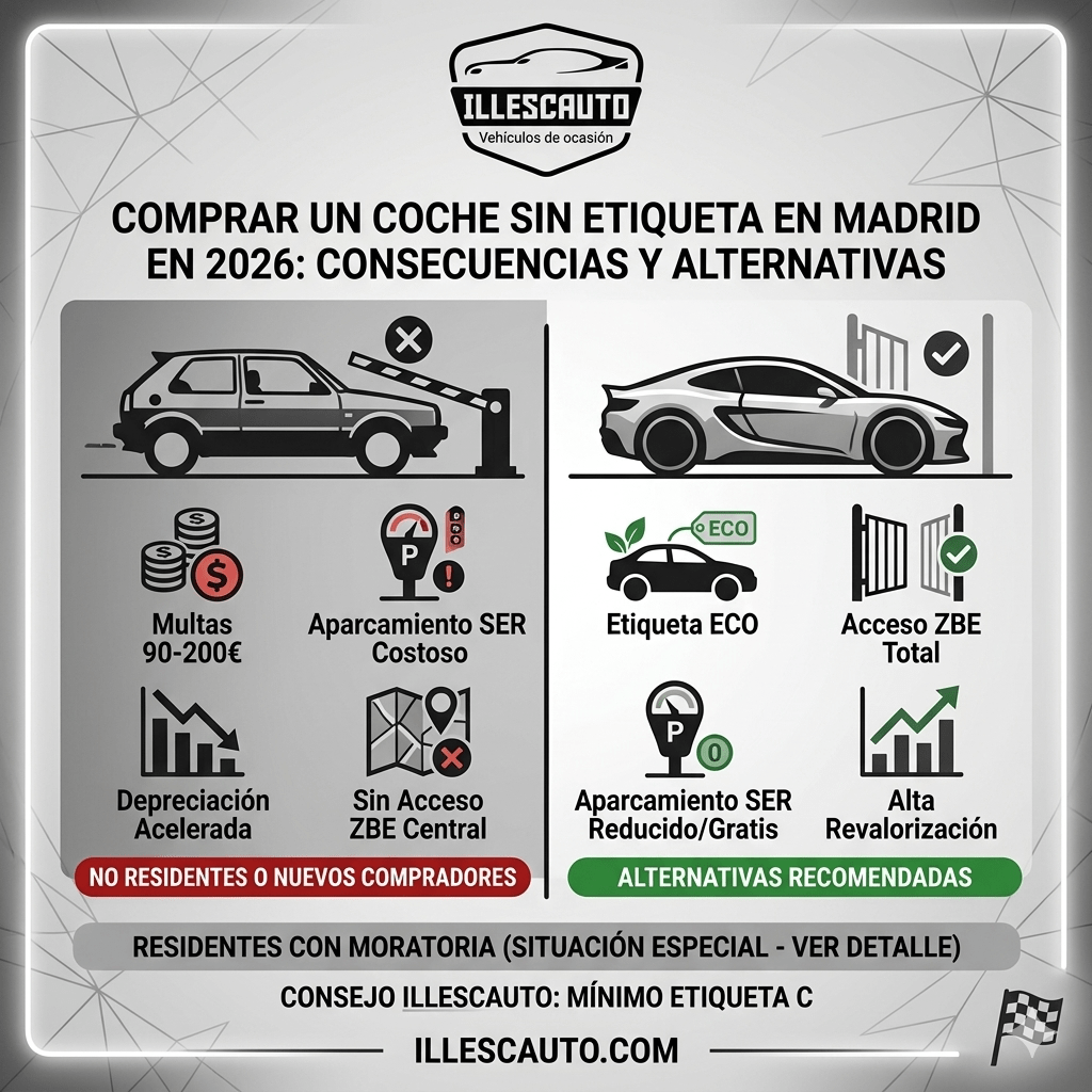 Infografía de Illescauto sobre las consecuencias de comprar un coche sin etiqueta en Madrid en 2026 debido a la ZBE, como multas y parking costoso, frente a las alternativas recomendadas con etiqueta ECO o C, que ofrecen acceso total y ventajas. El consejo de Illescauto es elegir un coche con mínimo etiqueta C.