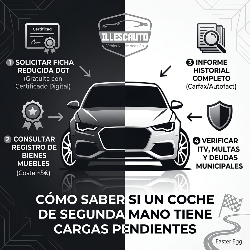Ilustración artística y simétrica en escala de grises para el blog de Illescauto. Muestra la silueta frontal de un coche elegante con llantas multirradio estilo rally, dividido verticalmente en un fondo simétrico blanco y negro. En la parte superior destaca el logotipo de Illescauto y en la parte inferior el título informativo "CÓMO SABER SI UN COCHE TIENE CARGAS PENDIENTES".