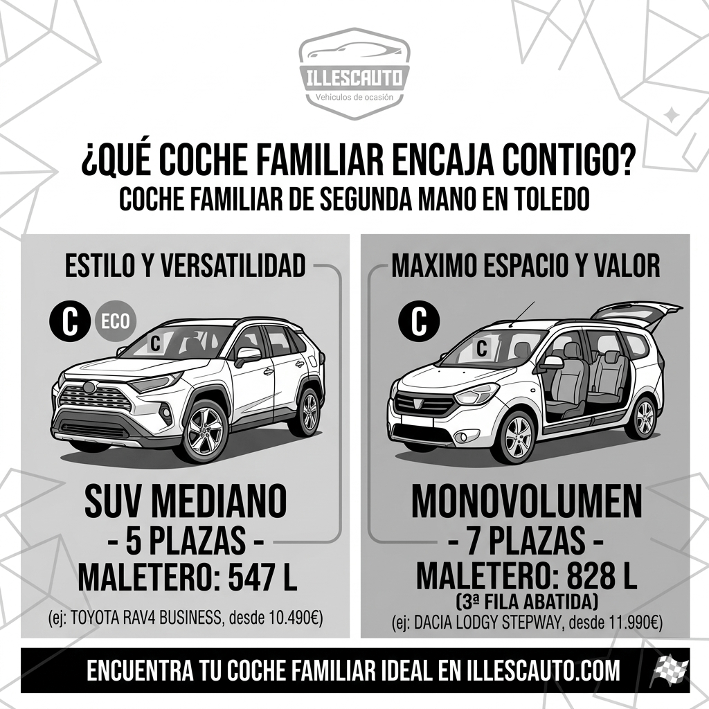 Coche familiar de segunda mano en Toledo: comparación de modelos SUV y monovolumen en el catálogo de Illescauto.